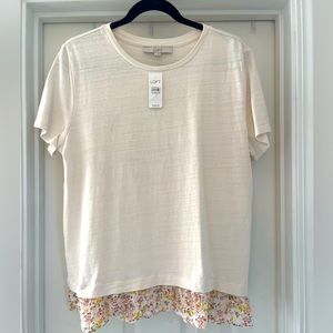 NWT LOFT Ivory Mixed Media knit top with floral eyelet ruffle